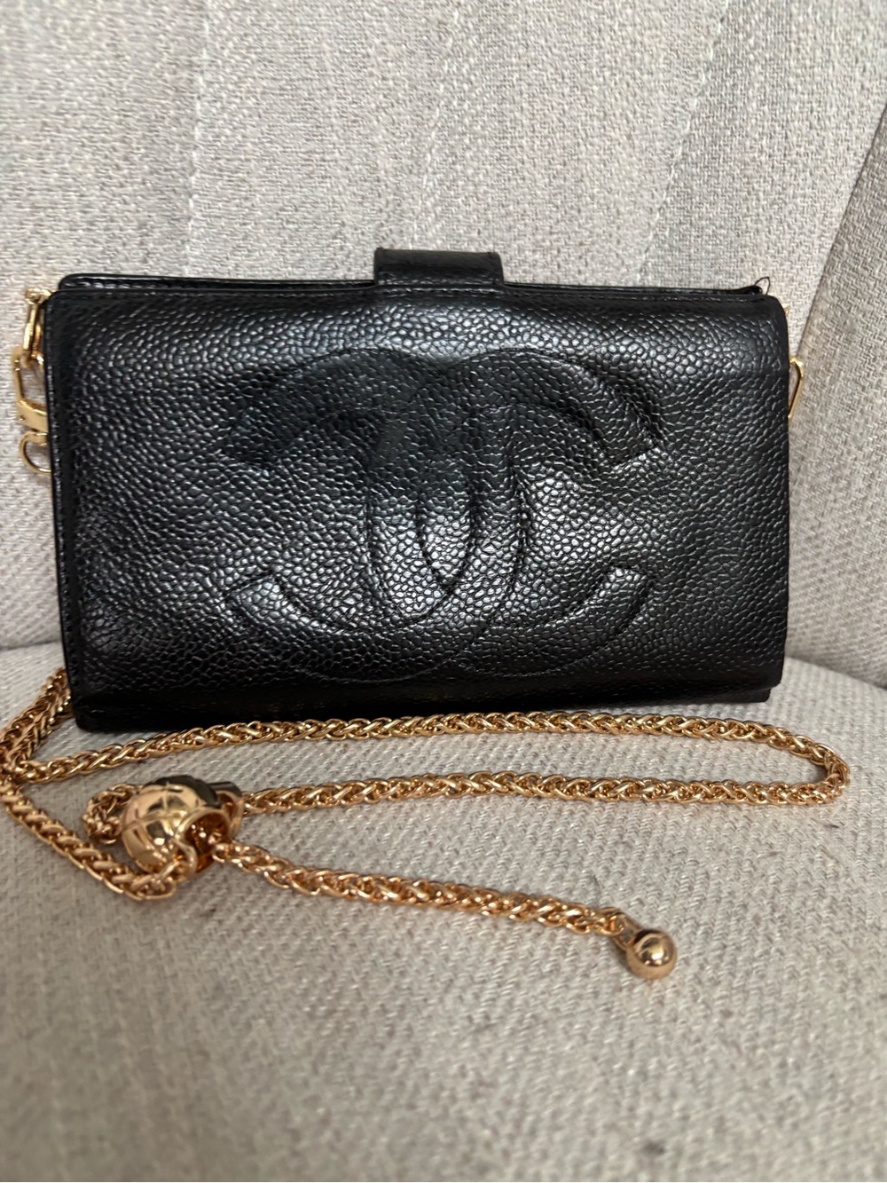 CHA-NEL CC Black Lambskin Leather Wallet on Chain